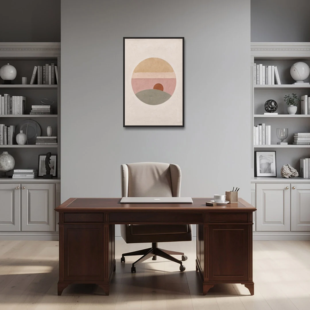 Round Window Landscape with Low Rust Sun - Black Framed Canvas Wall Art - Office - 24x36