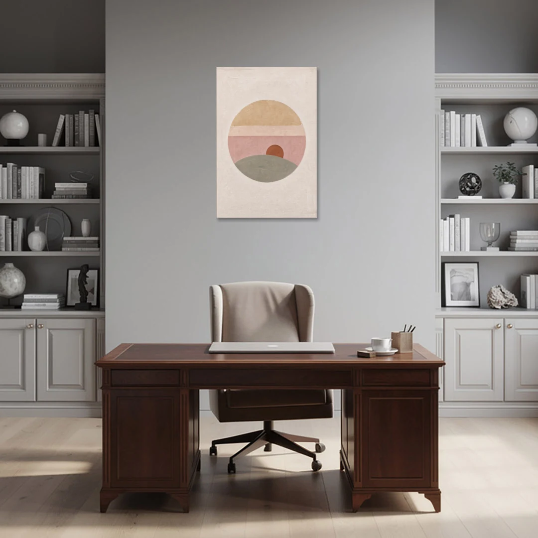 Round Window Landscape with Low Rust Sun - Canvas Wall Art - Office - 24x36