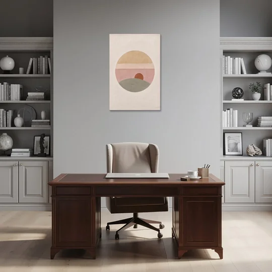 Round Window Landscape with Low Rust Sun - Canvas Wall Art - Office - 24x36