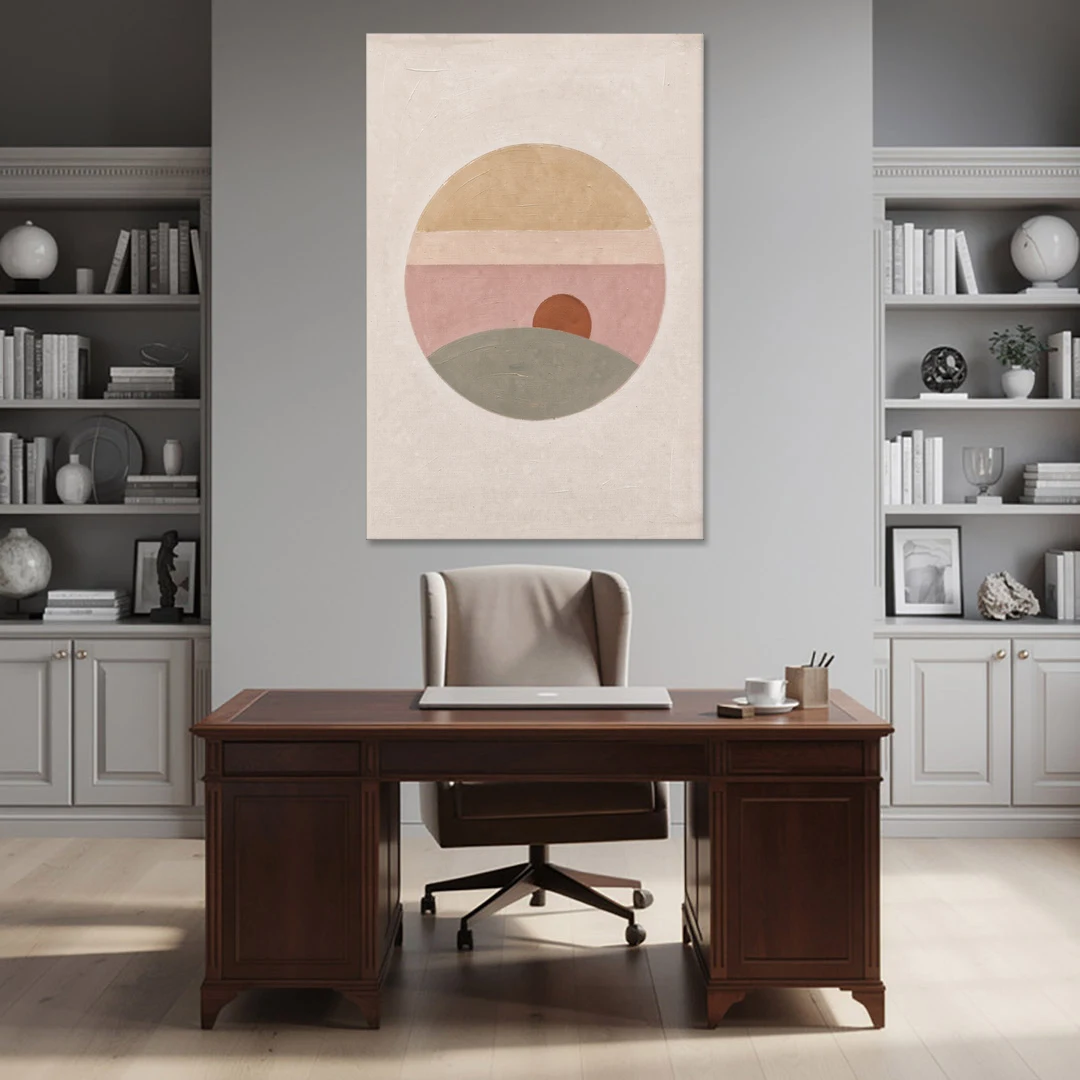 Round Window Landscape with Low Rust Sun - Canvas Wall Art - Office - 40x60