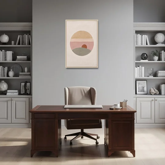 Round Window Landscape with Low Rust Sun - Oak Framed Canvas Wall Art - Office - 24x36
