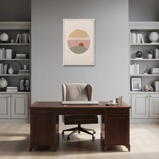 Round Window Landscape with Low Rust Sun - White Framed Canvas Wall Art - Office - 24x36