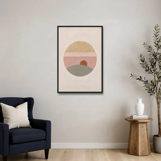 Round Window Landscape with Low Rust Sun - Black Framed Canvas Wall Art - Sofa - 24x36