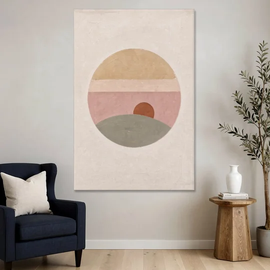 Round Window Landscape with Low Rust Sun - Canvas Wall Art - Sofa - 40x60