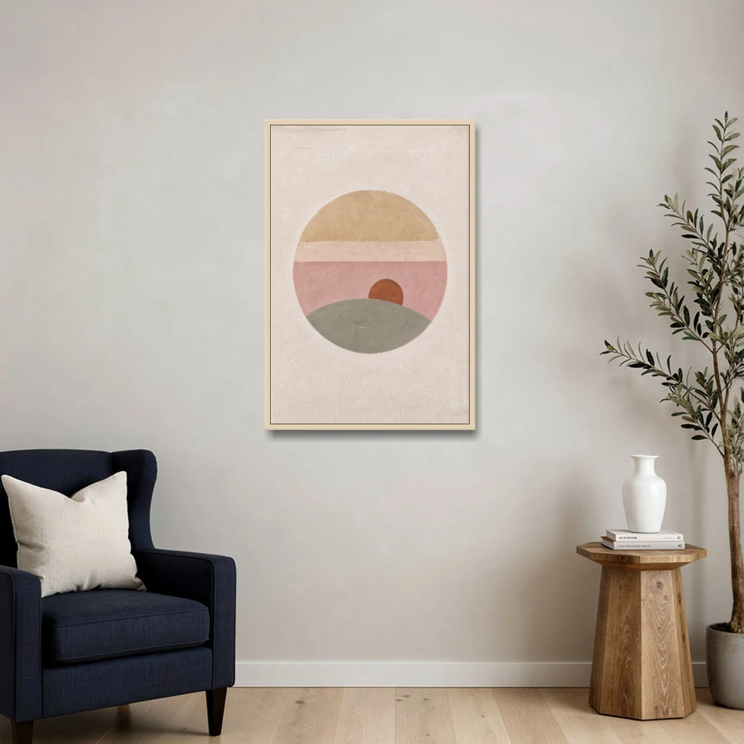 Round Window Landscape with Low Rust Sun - Oak Framed Canvas Wall Art - Sofa - 24x36
