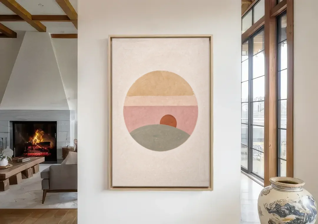 Round Window Landscape with Low Rust Sun canvas wall art in a living room with a fireplace