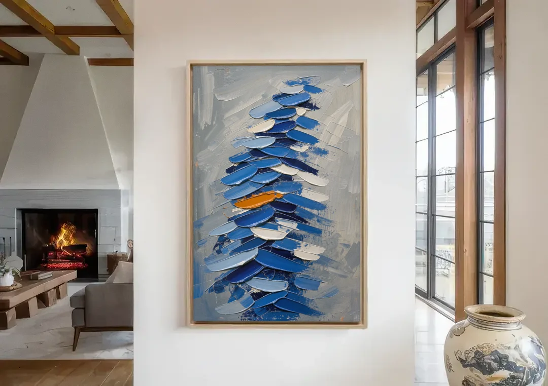 Royal Blue Abstract Painting of Stacked Knife Strokes canvas wall art in a living room with a fireplace