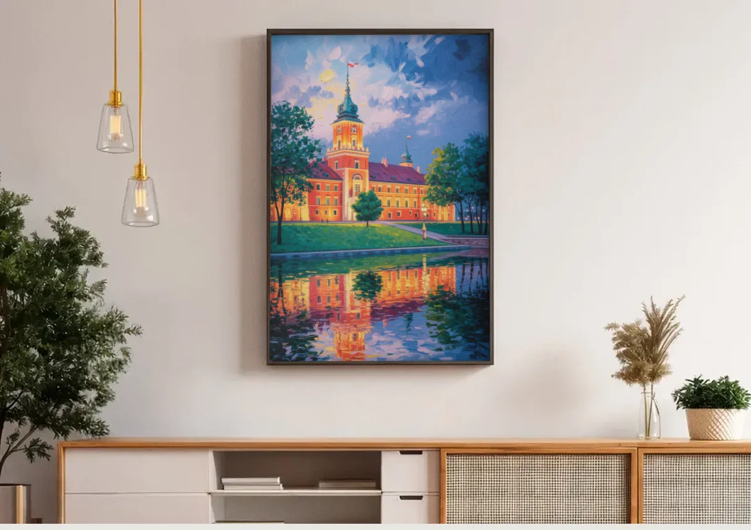 Royal Castle Glow canvas wall art above a wooden sideboard under pendant lights