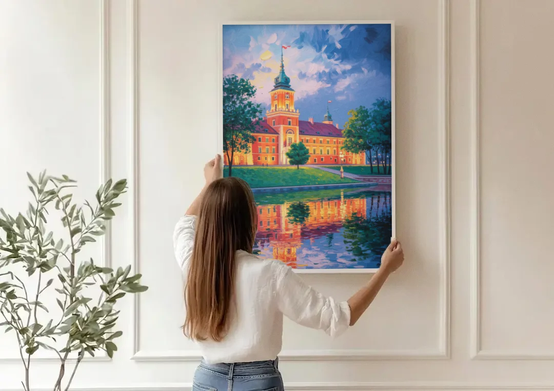Royal Castle Glow canvas wall art being hung on a paneled wall