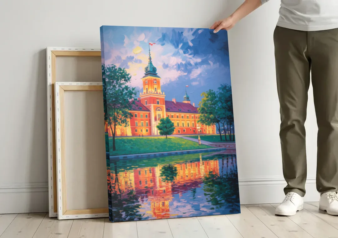 Royal Castle Glow canvas wall art leaning against a wall next to blank canvases