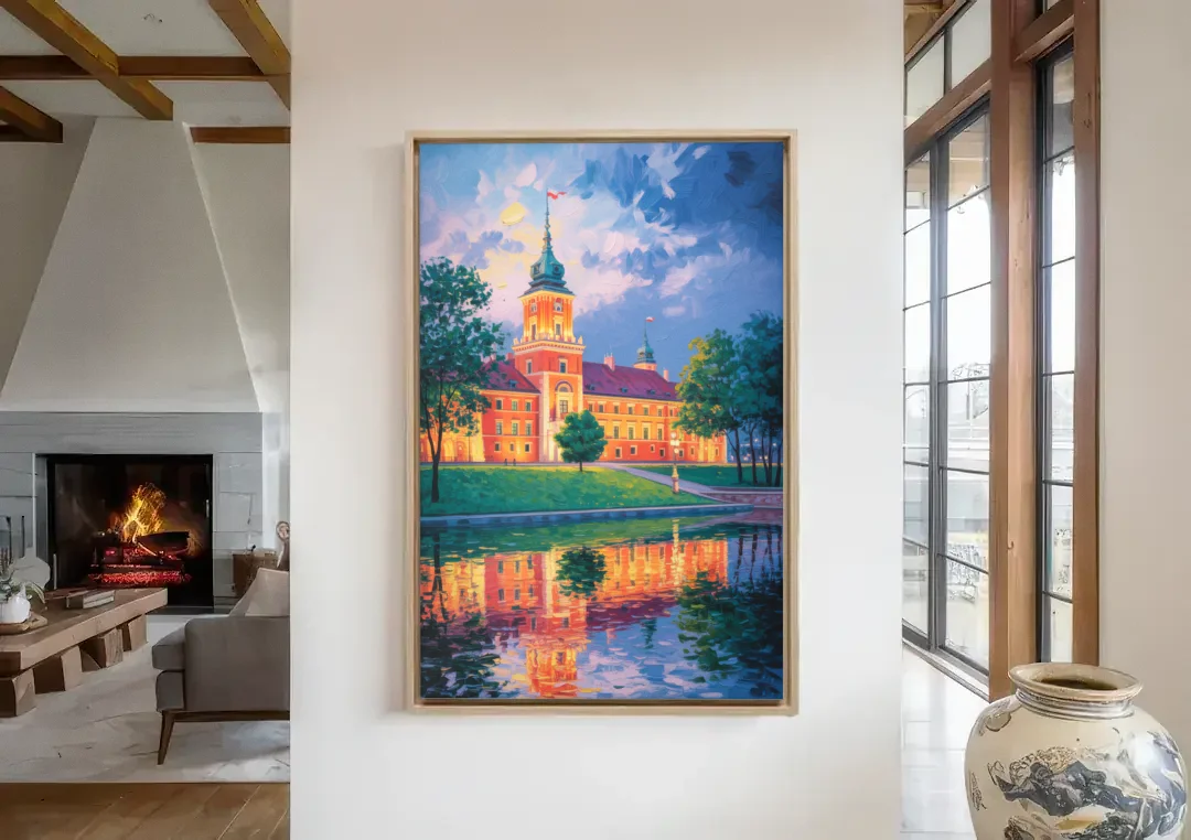 Royal Castle Glow canvas wall art in a living room with a fireplace