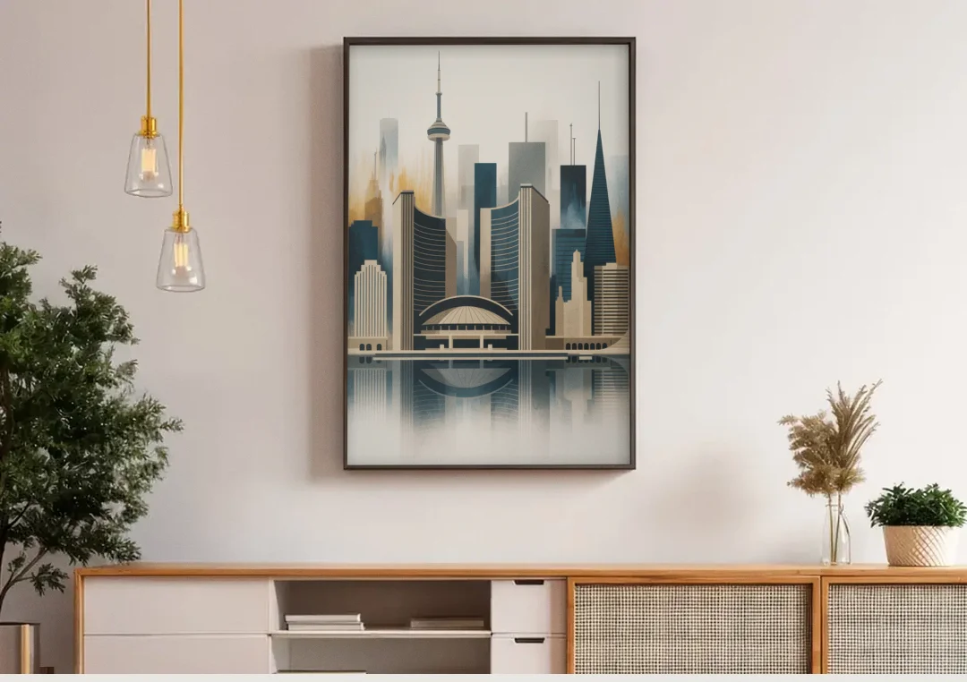 Royal Ontario Museum canvas wall art above a wooden sideboard under pendant lights