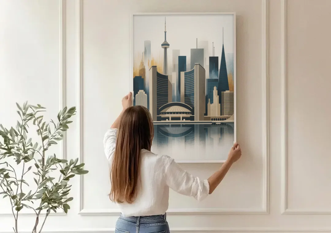 Royal Ontario Museum canvas wall art being hung on a paneled wall