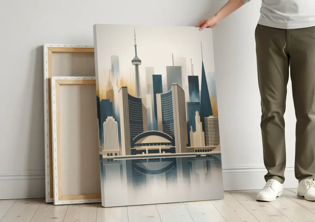Royal Ontario Museum canvas wall art leaning against a wall next to blank canvases