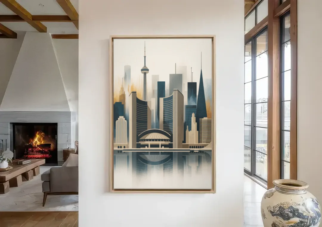 Royal Ontario Museum canvas wall art in a living room with a fireplace