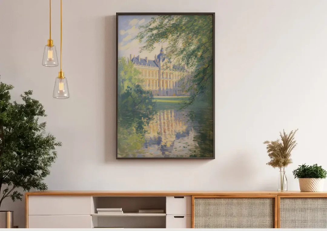 Royal Palace Serenity canvas wall art above a wooden sideboard under pendant lights