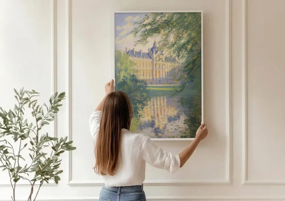 Royal Palace Serenity canvas wall art being hung on a paneled wall