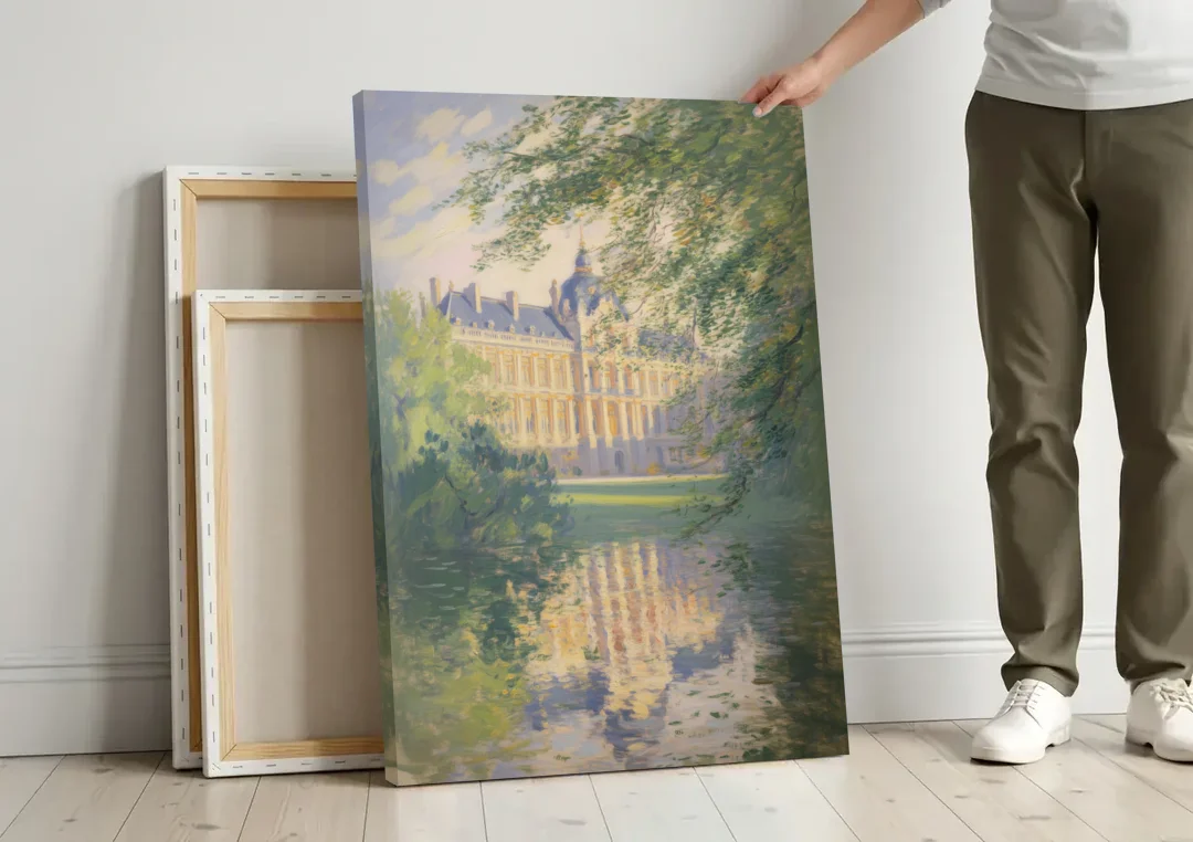 Royal Palace Serenity canvas wall art leaning against a wall next to blank canvases