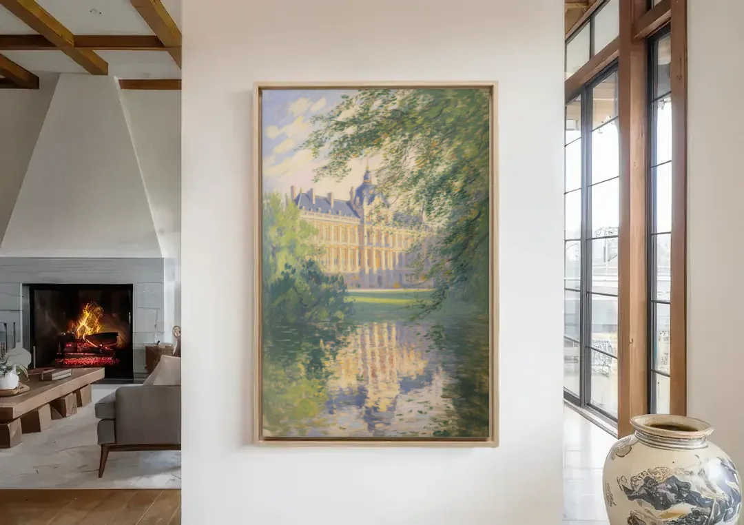 Royal Palace Serenity canvas wall art in a living room with a fireplace