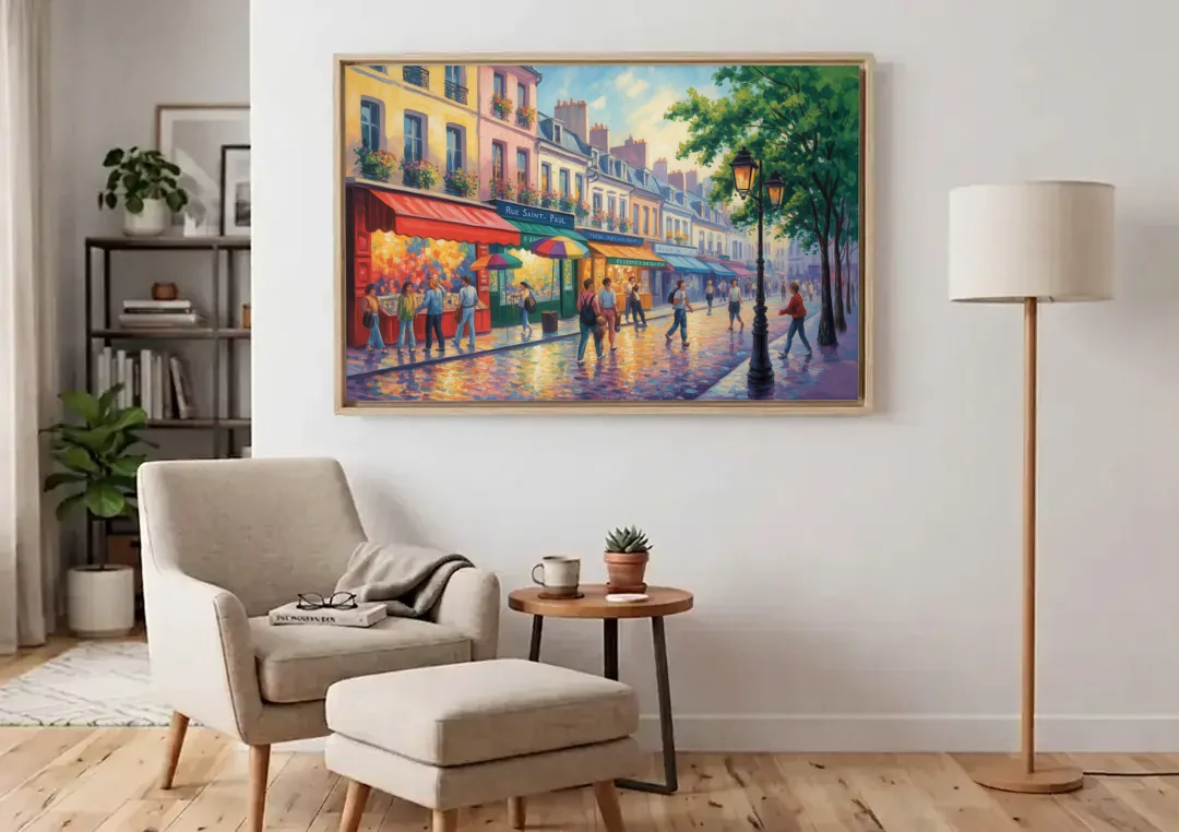 Rue Saint Paul Vibes canvas wall art above an armchair in a bright living room