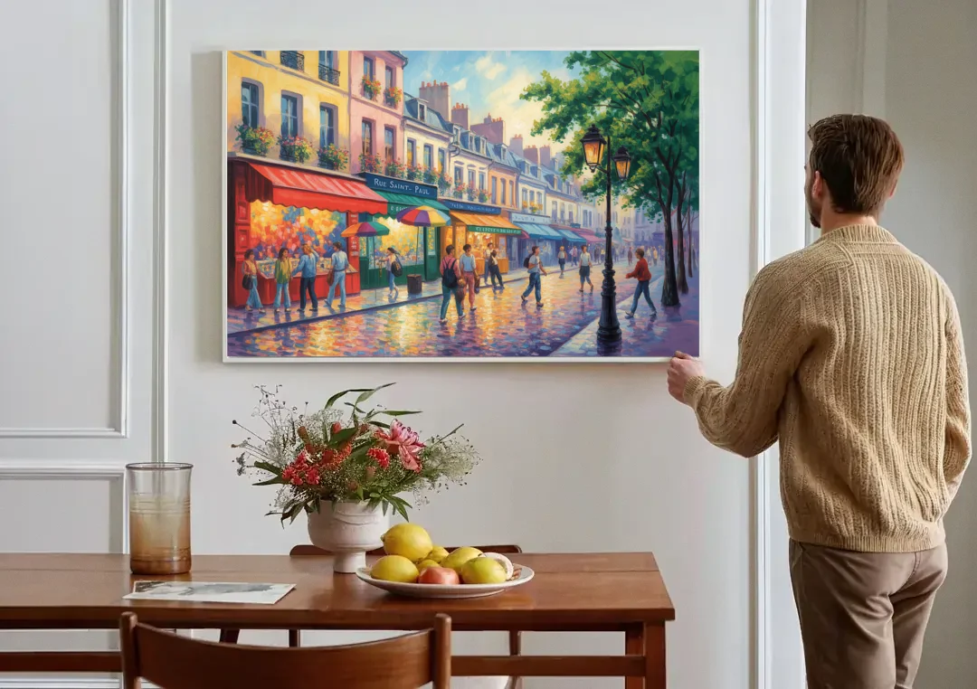 Rue Saint Paul Vibes canvas wall art above a dining table