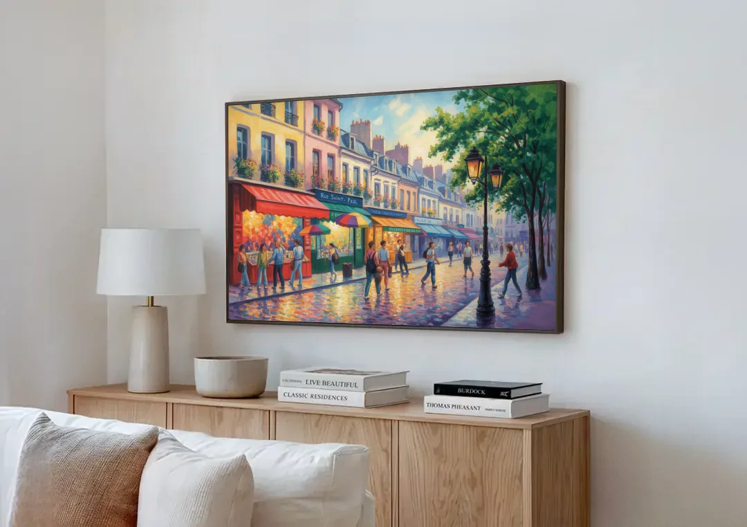 Rue Saint Paul Vibes canvas wall art above a wooden sideboard next to a sofa