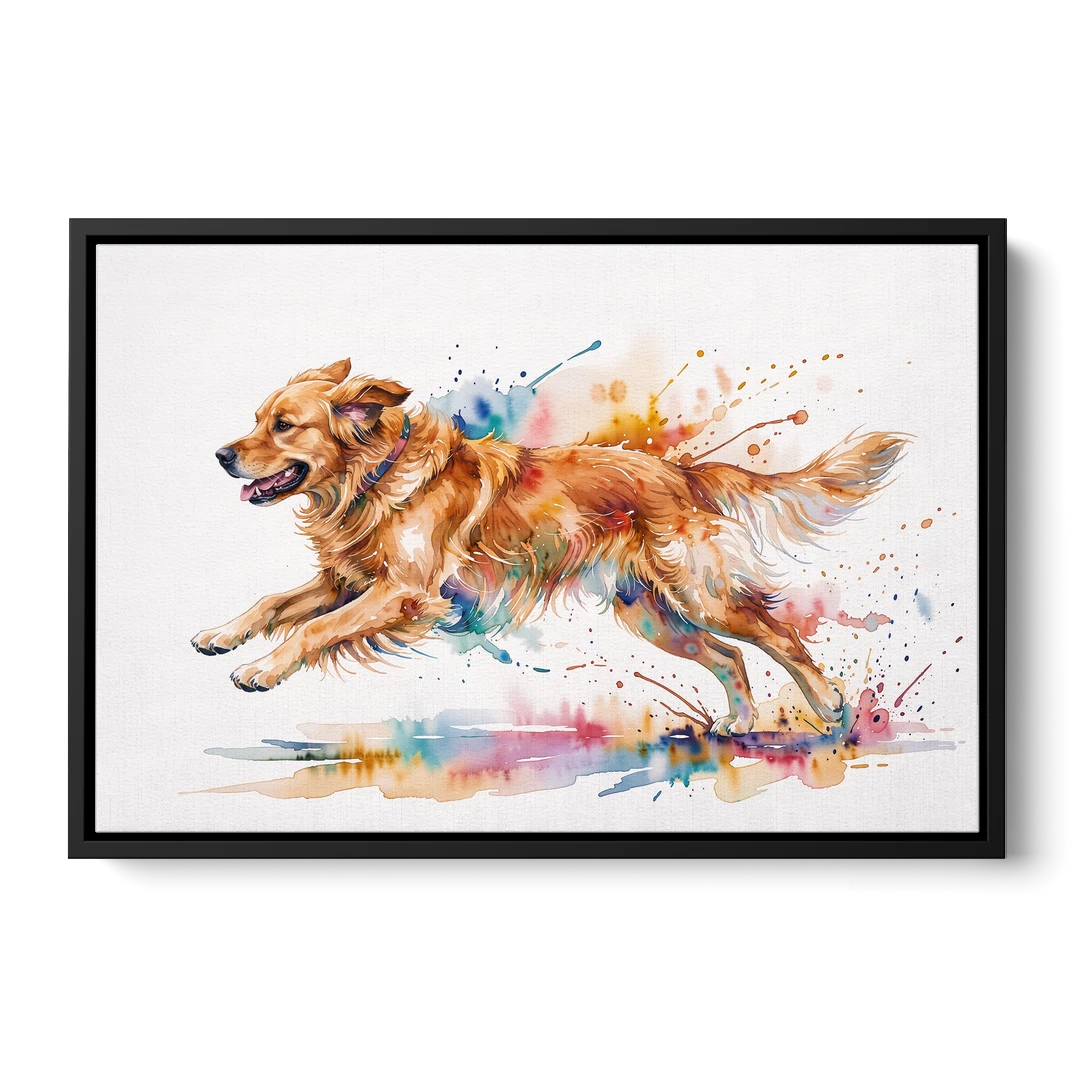 Running Golden Retriever Watercolor - Black Framed Canvas Wall Art - Front