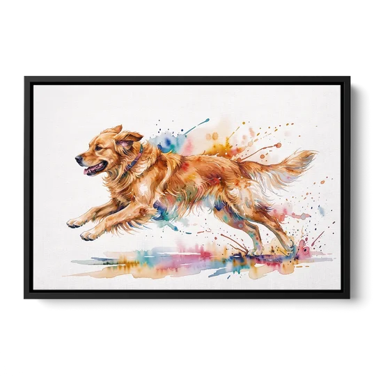 Running Golden Retriever Watercolor - Black Framed Canvas Wall Art - Front