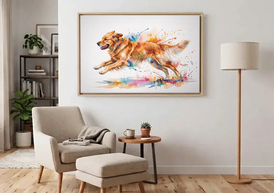 Running Golden Retriever Watercolor canvas wall art above an armchair in a bright living room
