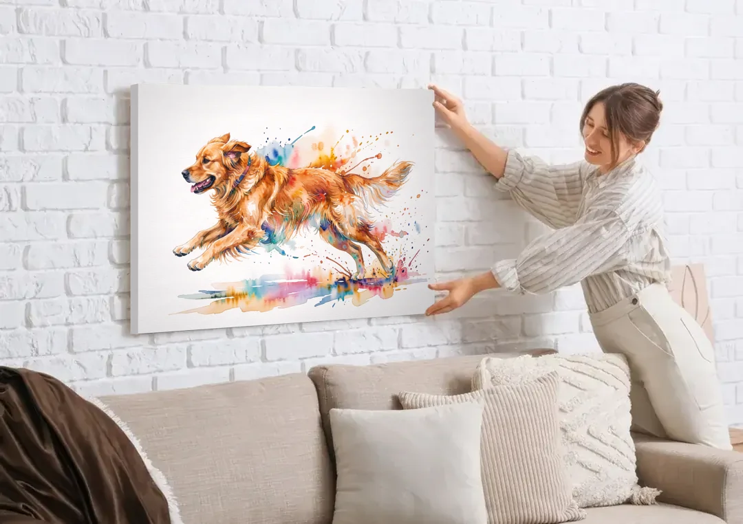 Running Golden Retriever Watercolor canvas wall art being hung on a white brick wall above a sofa