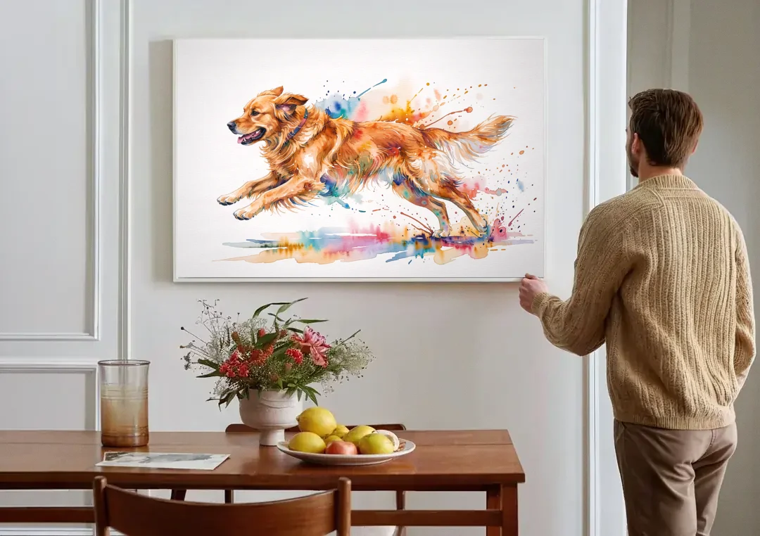 Running Golden Retriever Watercolor canvas wall art above a dining table