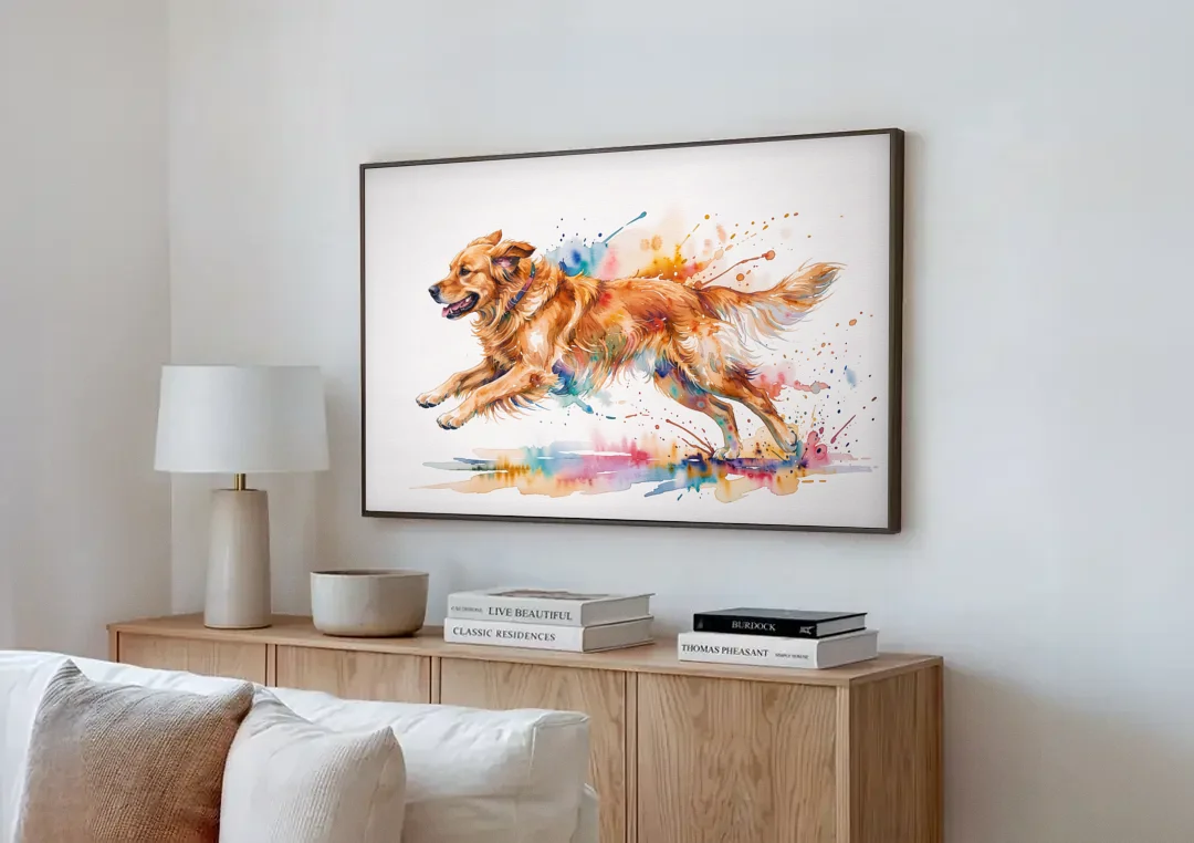 Running Golden Retriever Watercolor canvas wall art above a wooden sideboard next to a sofa