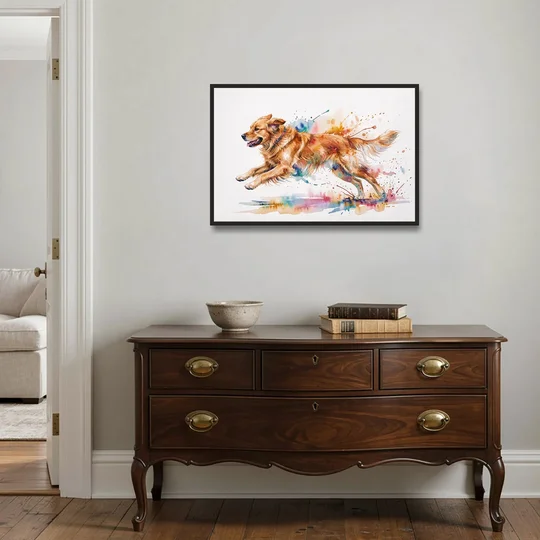 Running Golden Retriever Watercolor - Black Framed Canvas Wall Art - Coffee Table - 36x24