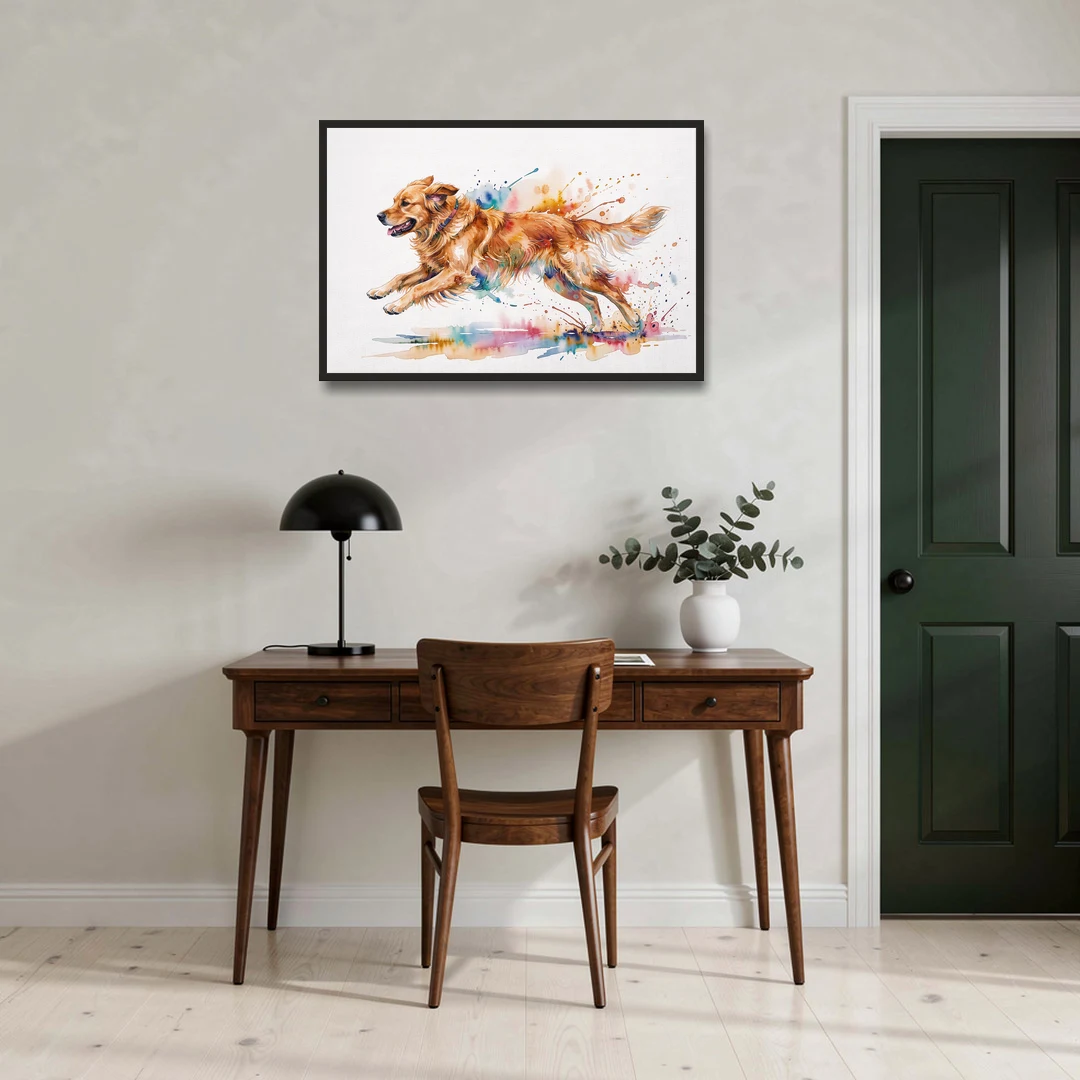 Running Golden Retriever Watercolor - Black Framed Canvas Wall Art - Office - 36x24