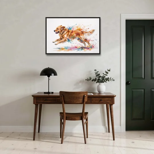Running Golden Retriever Watercolor - Black Framed Canvas Wall Art - Office - 36x24