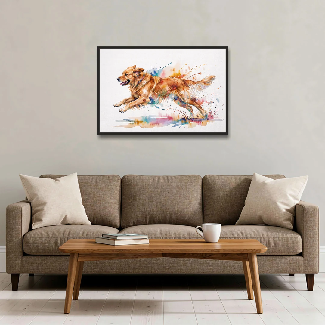 Running Golden Retriever Watercolor - Black Framed Canvas Wall Art - Sofa - 36x24