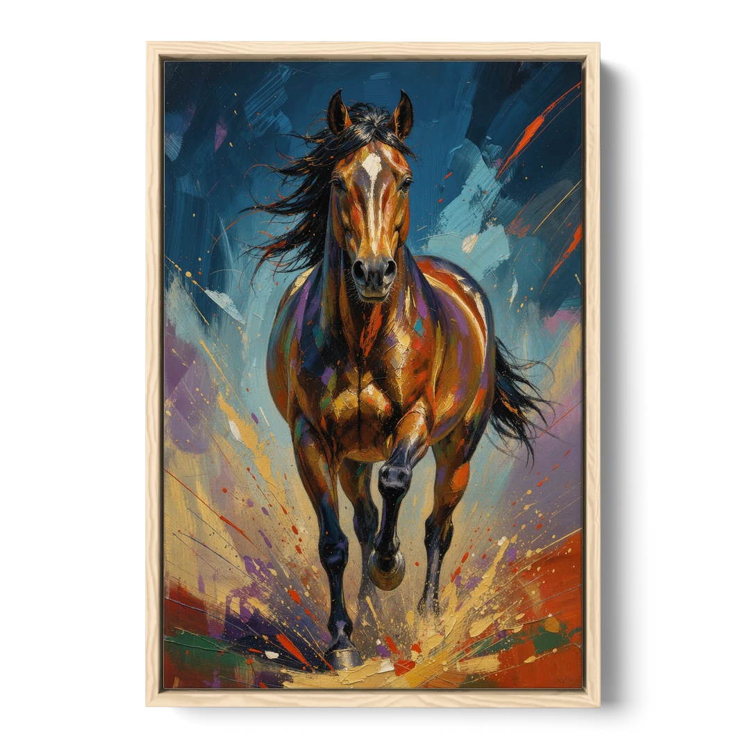 Running Horse Painting Under a Night Sky - Oak Framed Canvas Wall Art - Front