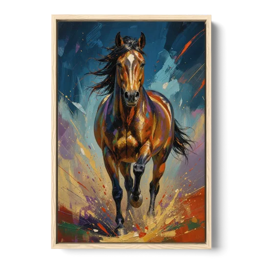 Running Horse Painting Under a Night Sky - Oak Framed Canvas Wall Art - Front