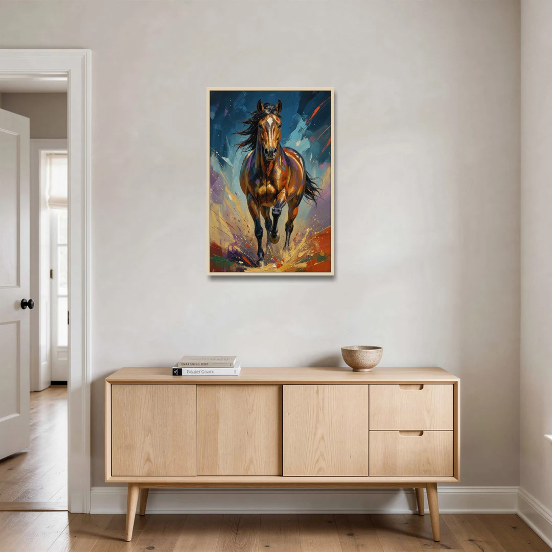 Running Horse Painting Under a Night Sky - Oak Framed Canvas Wall Art - Coffee Table - 24x36