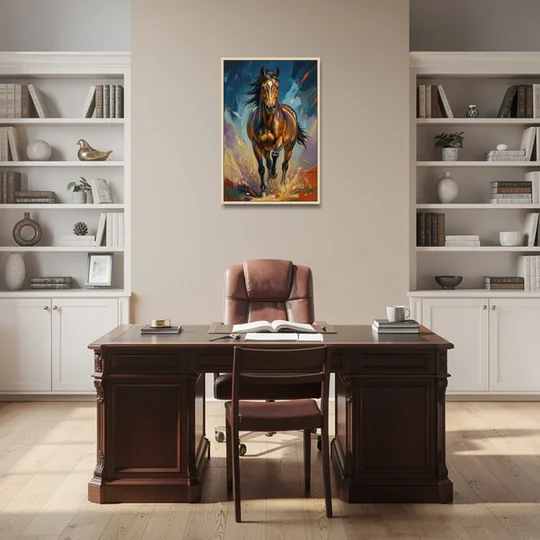 Running Horse Painting Under a Night Sky - Oak Framed Canvas Wall Art - Office - 24x36