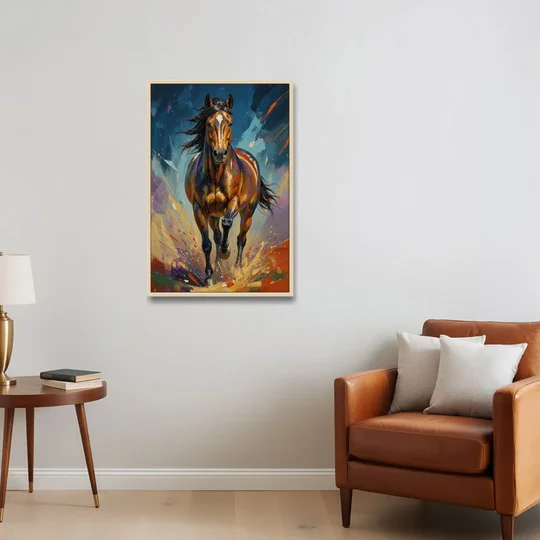 Running Horse Painting Under a Night Sky - Oak Framed Canvas Wall Art - Sofa - 24x36