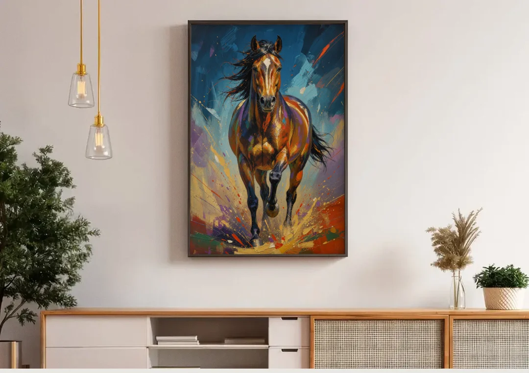 Running Horse Painting Under a Night Sky canvas wall art above a wooden sideboard under pendant lights