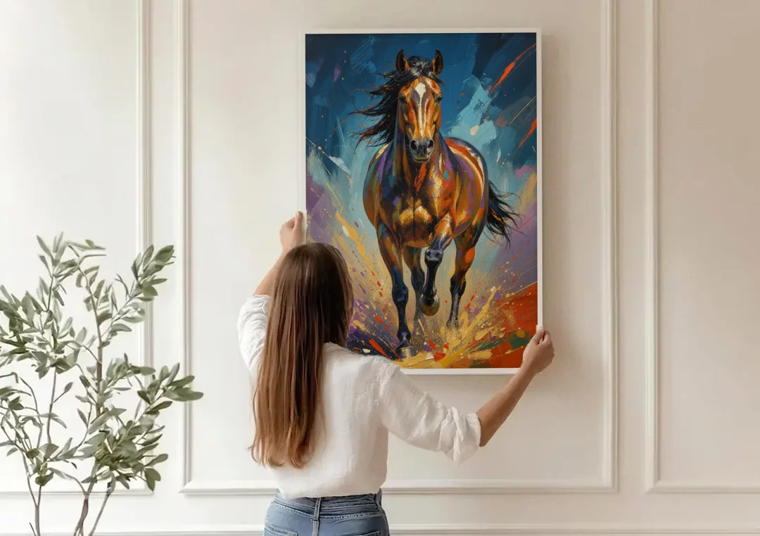 Running Horse Painting Under a Night Sky canvas wall art being hung on a paneled wall