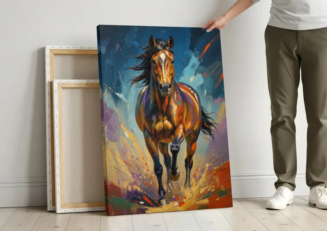 Running Horse Painting Under a Night Sky canvas wall art leaning against a wall next to blank canvases