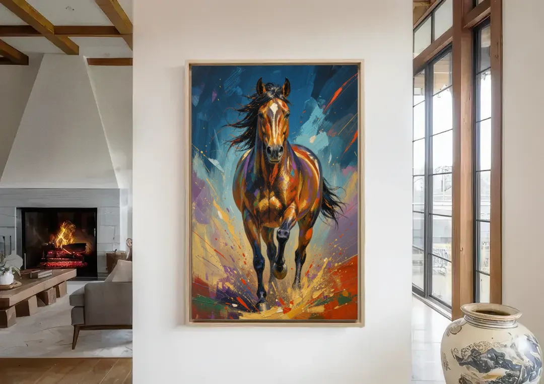 Running Horse Painting Under a Night Sky canvas wall art in a living room with a fireplace