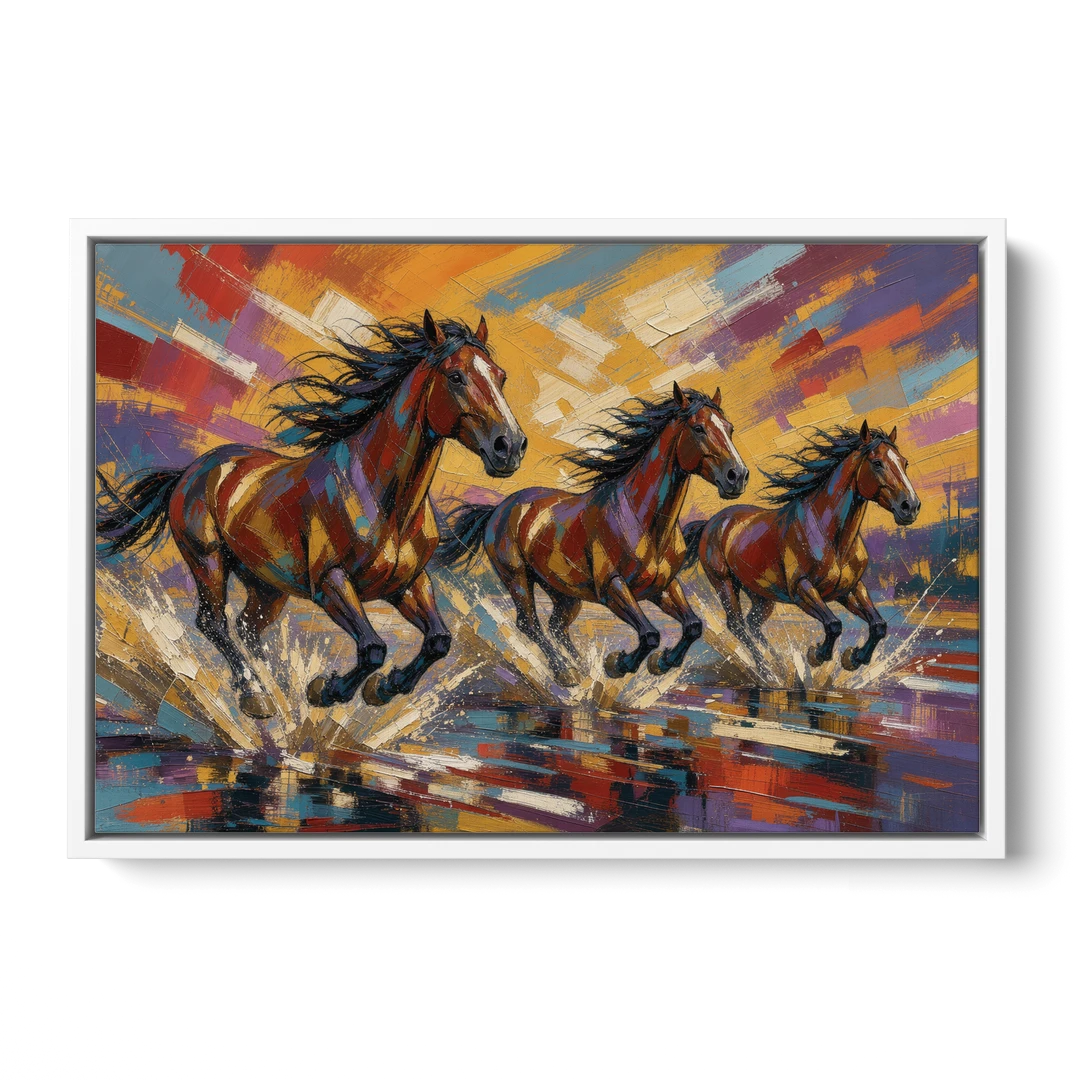 Running Horses Wall Art Splashing Through the River - White Framed Canvas Wall Art - Front