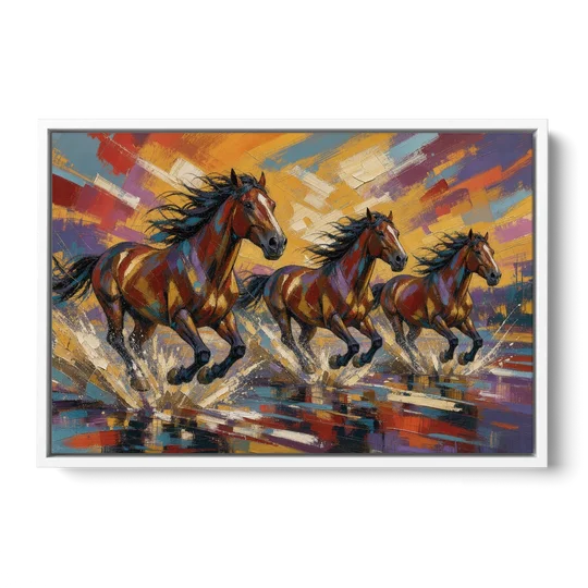 Running Horses Wall Art Splashing Through the River - White Framed Canvas Wall Art - Front
