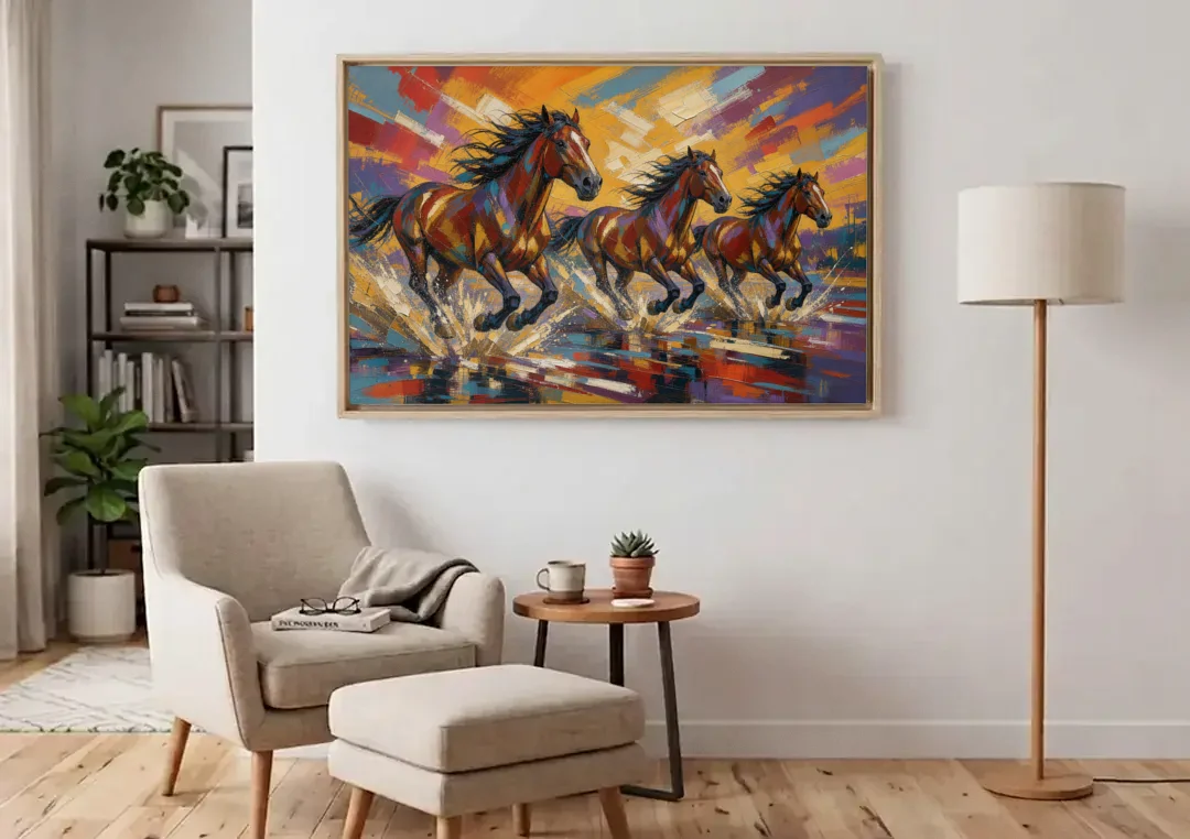 Running Horses Wall Art Splashing Through the River canvas wall art above an armchair in a bright living room