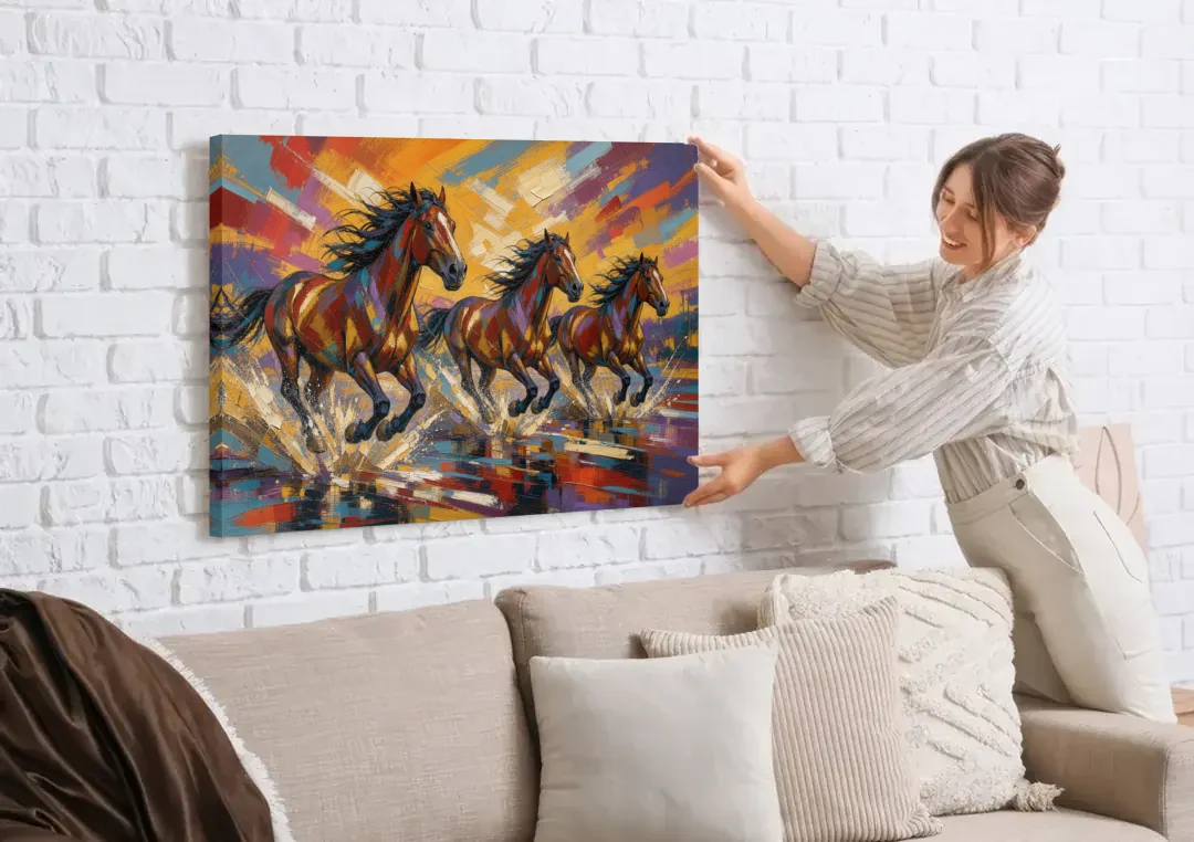 Running Horses Wall Art Splashing Through the River canvas wall art being hung on a white brick wall above a sofa
