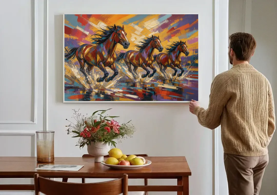 Running Horses Wall Art Splashing Through the River canvas wall art above a dining table
